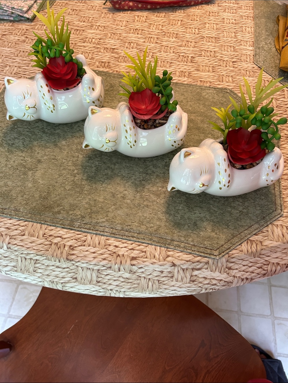 White Ceramic Cat Planter Trio with Gold Accents - Decorative Home Accent